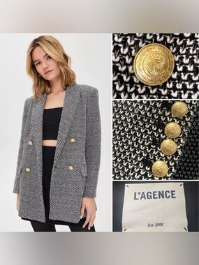 L’AGENCE Women’s 16 Riva Oversized Knit Blazer Jacket Gold Button Black White XL